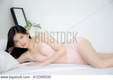 Beautiful Portrait Young Asian Woman Sexy In Underwear Figure Fit Relax With Seductive In Bedroom, A