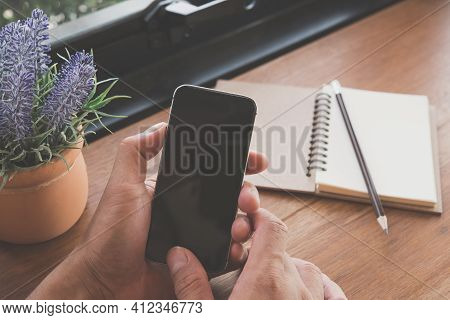 Hand Use Smartphone With Blank Screen For Taxt