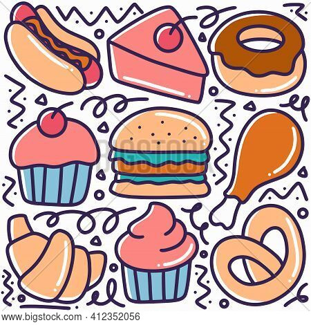 Hand Drawn Desserts Menu Doodle Set With Icons And Design Elements