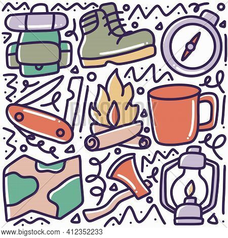 Doodle Set Of Camp Tools Hand Drawing With Icons And Design Elements
