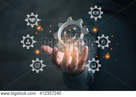Business Process Management And Workflow Automation Diagram With Gears And Icons With Connection Lin