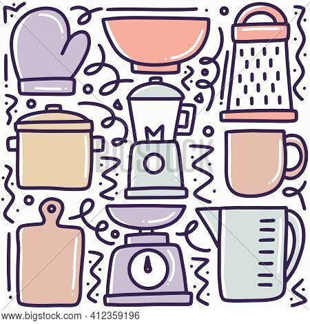 Hand Drawn Kitchen Equipment Doodle Set With Icons And Design Elements