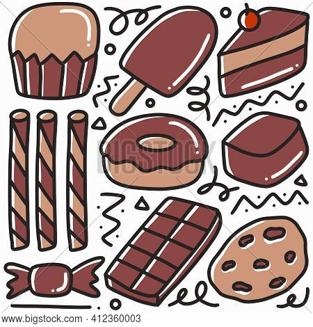 Doodle Set Of Various Desserts Hand Drawing With Icons And Design Elements