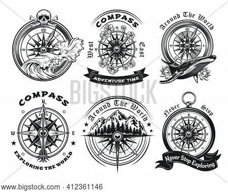 Compass Tattoo Templates Set. Monochrome Design Marine Elements With Sea Waves, Whale, Mountain Land