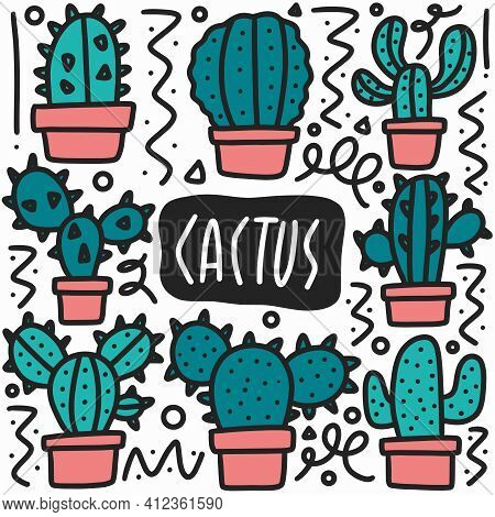 Hand Drawn Cactus Doodle Set With Icons And Design Elements