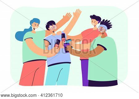 Happy Diverse Friends Hanging Out Together, Gathering For Party, Having Fun, Drinking Alcohol, Toast