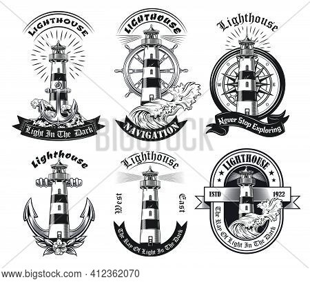 Monochrome Emblems With Lighthouse Vector Illustration Set. Vintage Stickers Of Tower With Beacon Li