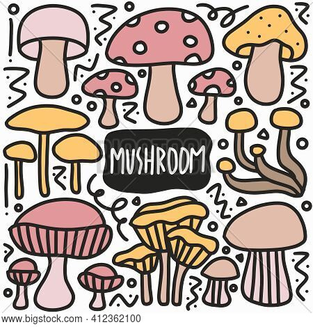 Hand Drawn Doodle Various Mushrooms With Icons And Design Elements