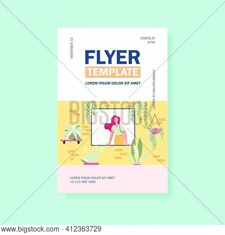 Woman Sticking Out From Window With Home Plants. Houseplants, Greenhouse, Eco Interior Flat Vector I