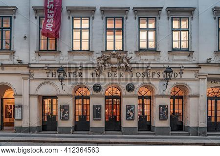 Vienna, Austria - Feb 7, 2020: Facade Of Theater In Der Josefstadt In City Center In Early Morning I