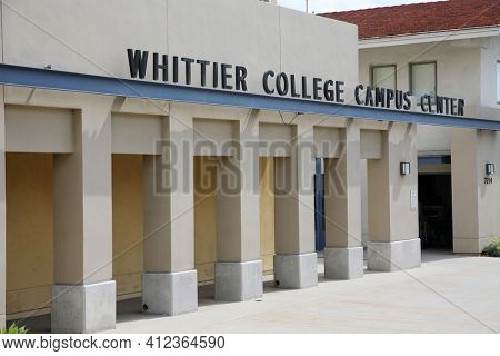 March 12, 2021 - Whittier, California: Whittier College. Whittier College Campus Center sign and building. Campus is empty due to Coronavirus Restrictions and Covid-19 Pandemic. Editorial Use Only.