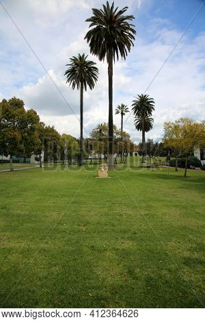 March 12, 2021 - Whittier, California: Whittier College. The Rock. Placed in June 1912, Three Senior Men placed the Rock as a Most Lasting Gift at the entrance to Whittier Collage. Editorial use only 
