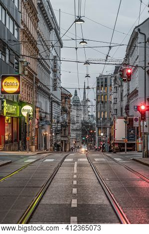 Vienna, Austria - Feb 7, 2020: Empty Josefstadt Street In Early Morning Hour
