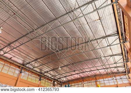 Steel Roof Structure. Moonlight Bulb. Steel Structure With Roof Tiles. Architectural Structure Of Ro