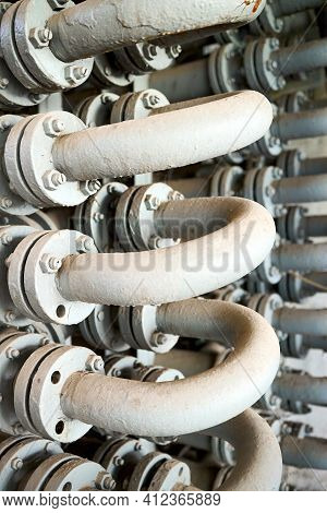 Chemical Plant Interior With Equipment. Part Of Double Pipe Heat Exchanger Or Hairpin Heat Exchanger