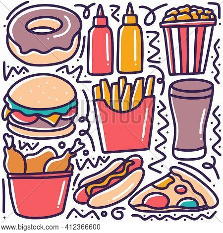 Hand Drawn Doodle Various Fast Food With Icons And Design Elements