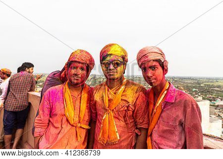 March 2021 Vrindavan,mathura,india.
Portrait Of Man Playing Holi At Nandgaon,mathura, With Selective