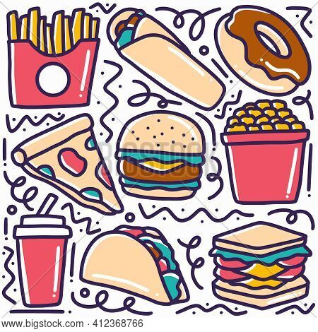 Hand Drawn Fast Food Doodle Set With Icons And Design Elements