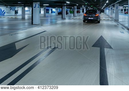 Garage Car. Car Lot Parking Space In Underground City Garage. Empty Road Asphalt Background. Concret