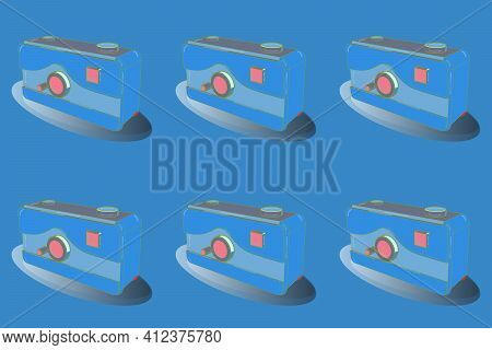 Retro Icons For Camera. Raster Illustration.s. Illustration In Blue, Green And Gray Colors. 3d. Axon