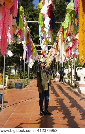 Travelers Thai Women People Travel Visit Multicolor Colorful Paper Lamp Traditional Lanna Style Yee