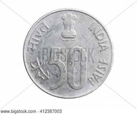 India Fifty Paise Coin On White Isolated Background