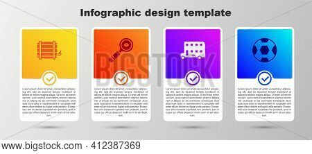 Set Wooden Barrel, Magnifying Glass, Double Decker Bus And Football Ball. Business Infographic Templ