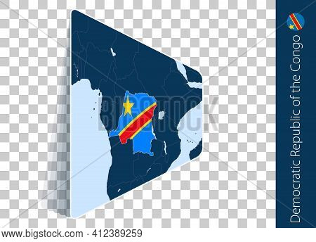 Dr Congo Map And Flag On Transparent Background. Highlighted Dr Congo On Blue Vector Map.