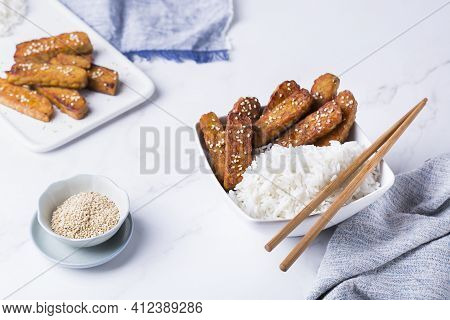 Fried Teriyaki Tempeh, Tempe, Fermented Postbiotics Food From Soybeans