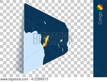 Congo Map And Flag On Transparent Background. Highlighted Congo On Blue Vector Map.