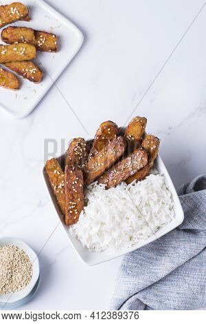 Fried Teriyaki Tempeh, Tempe, Fermented Postbiotics Food From Soybeans