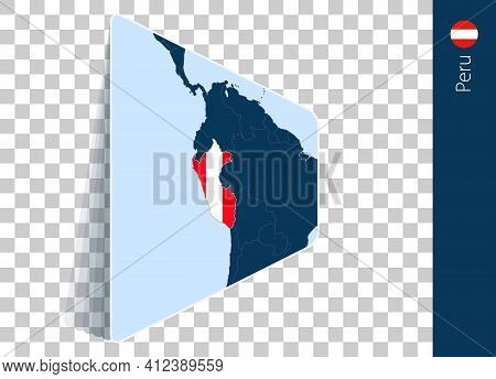 Peru Map And Flag On Transparent Background. Highlighted Peru On Blue Vector Map.