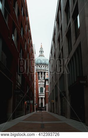 London Uk February 2021 View Of The Saint Pauls Cathedral, Rising High Above The Nearby Buildings. S