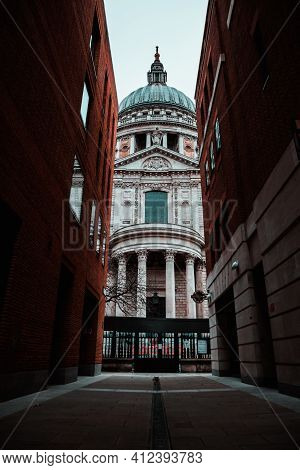 London Uk February 2021 View Of The Saint Pauls Cathedral, Rising High Above The Nearby Buildings. S