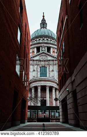 London Uk February 2021 View Of The Saint Pauls Cathedral, Rising High Above The Nearby Buildings. S