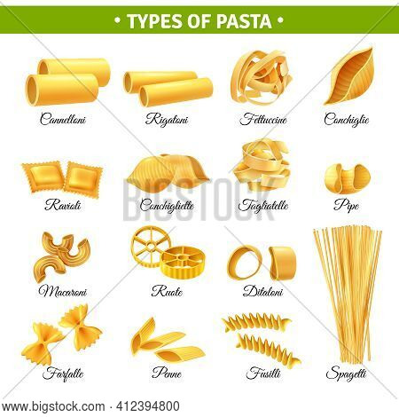 Realistic Infographics With Types Of Italian Pasta And Their Names Isolated On White Background Vect
