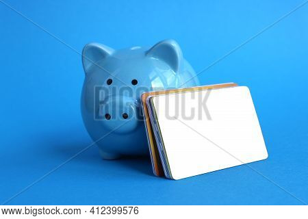 Blue Piggy Bank Pig Stands On A Blue Background With Credit Cards