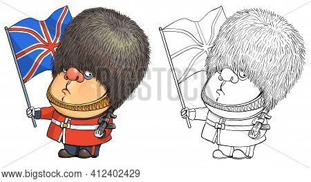 Vector Cartoon For Coloring. Funny Illustration Of A Cute British Guardsman Holding The National Fla