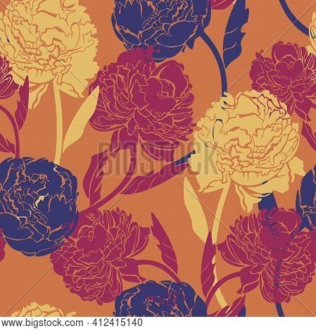 Vector Seamless Pattern With Peonies On Orange Background. Exuberant Blossom Design.