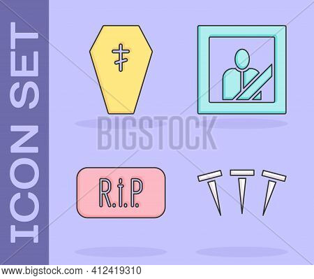 Set Metallic Nails, Coffin With Cross, Speech Bubble Rip Death And Mourning Photo Frame Icon. Vector