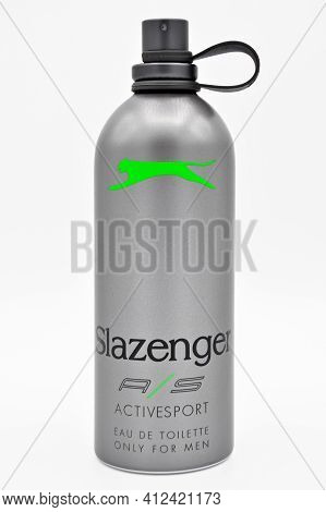 Fragrant Perfume For Men In Aluminum Gray Bottle Of Slazenger Brand, March 16, 2019 Istanbul Turkey