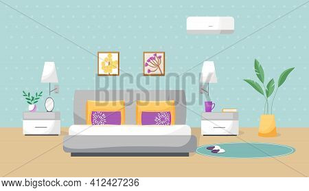 Vector Illustration Of A Bedroom. The Interior Is Painted In Flat Style. Cozy Room With A Comfortabl