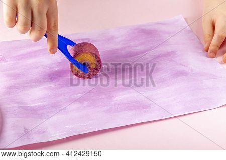 Diy And Kids Creativity. Drawing Greeting Card Non-standard Method. Childs Hand Apply Paint Gouache 