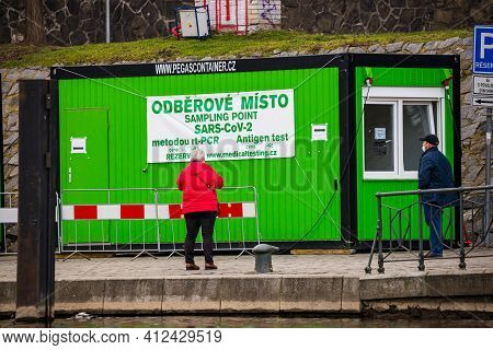 Prague, Czech Republic - March 12, 2021. Sampling Point In Container On The Riverbank Of Moldau With