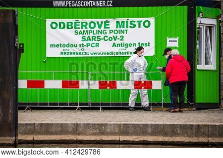 Prague, Czech Republic - March 12, 2021. Sampling Point In Container On The Riverbank Of Moldau With