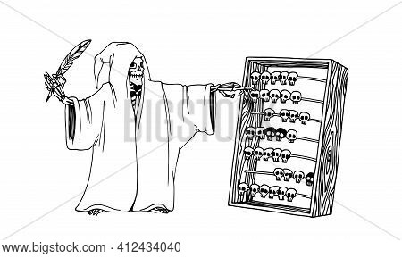 Grim Reaper With Old Wooden Abacus And Goose Pen, Mass Death Concept, Vector Illustration With Black