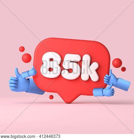 85 Thousand Followers Social Media Banner Thumbs Up. 3d Rendering