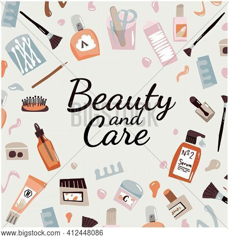 Face Care Doodle Set. Outline Beauty Accessories For Every Day Care. Cotton Buds, Nail File, Cream A