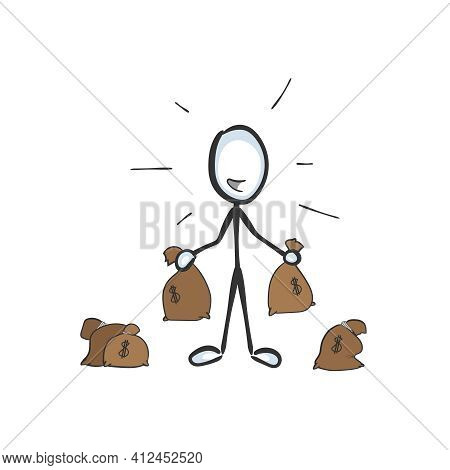 Rich Holding Bags Of Cash Money. Vector Simple Wealthy Man A Lot Of Dollars. Stickman No Face Clipar