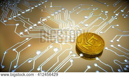 Three-dimensional Gold Coin With The Inscription Nft On The Background Of A Printed Circuit Board Wi